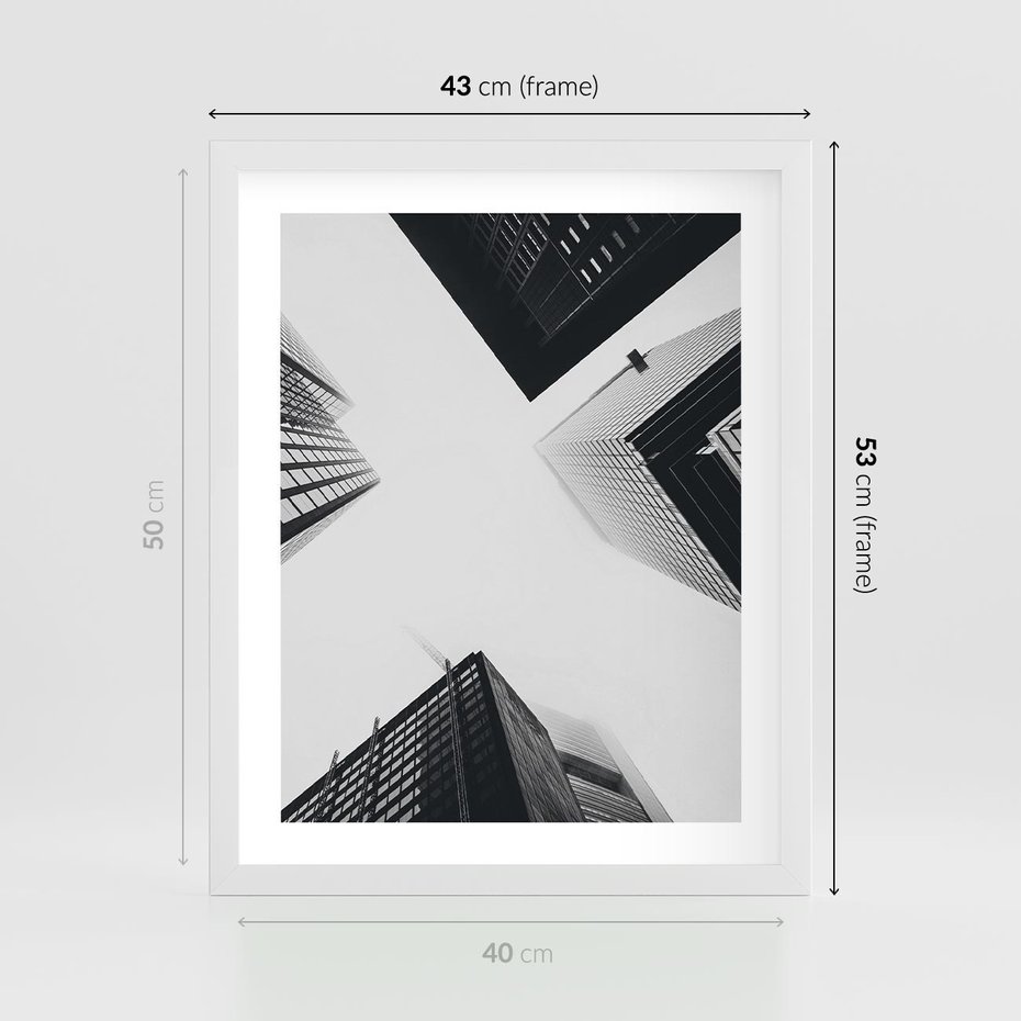 Plakat w ramie 40x50 - Nowoczesna Dynamika - perspektywa, wieżowce - rama biała