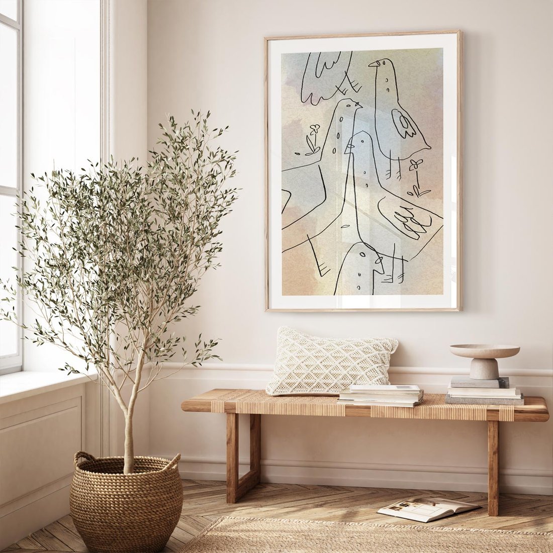 Plakat w ramie 40x50 - Strukturalna Gromada - abstrakcyjny plakat, szkic ptaków - rama drewno