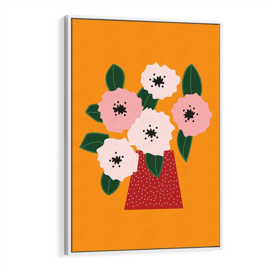 Obraz w ramie 50x70 - Harmonijne Granice - abstrakcyjne kwiaty, żółte tło - rama biała