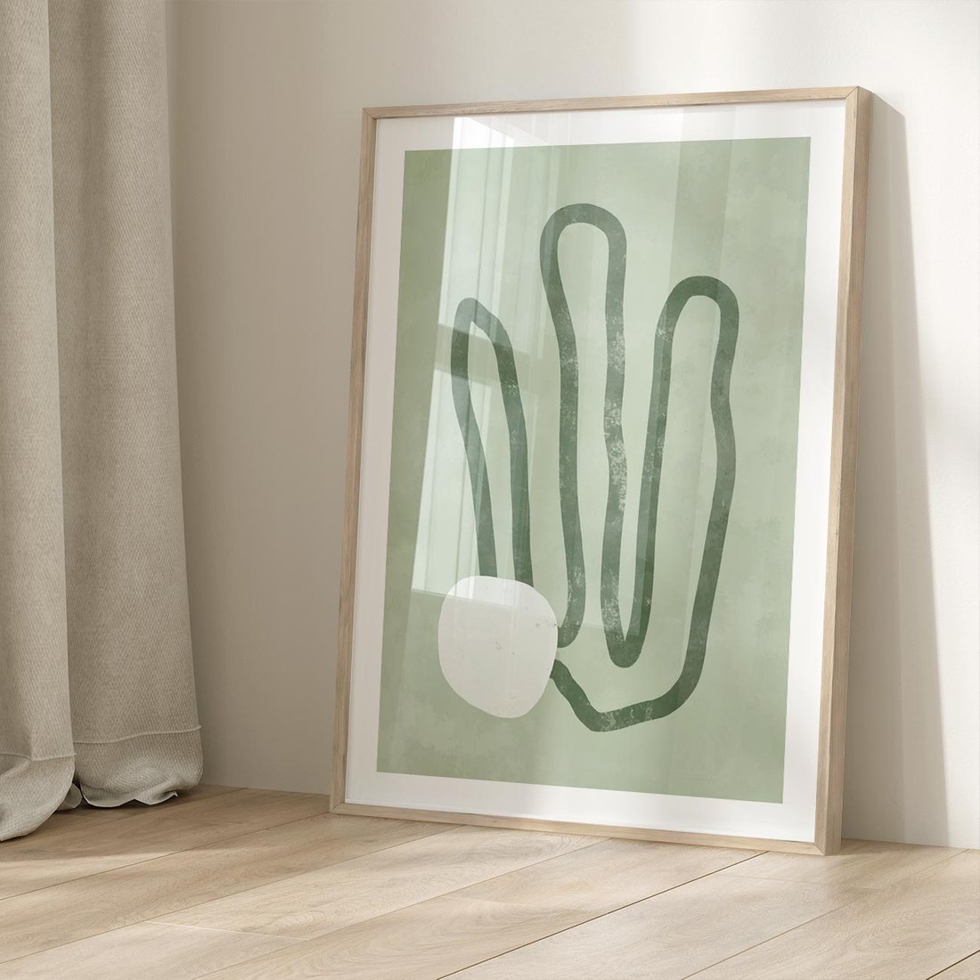 Plakat w ramie 50x70 - Spokojne Kształty Natury - zielona abstrakcja, zgaszona zieleń - rama drewno