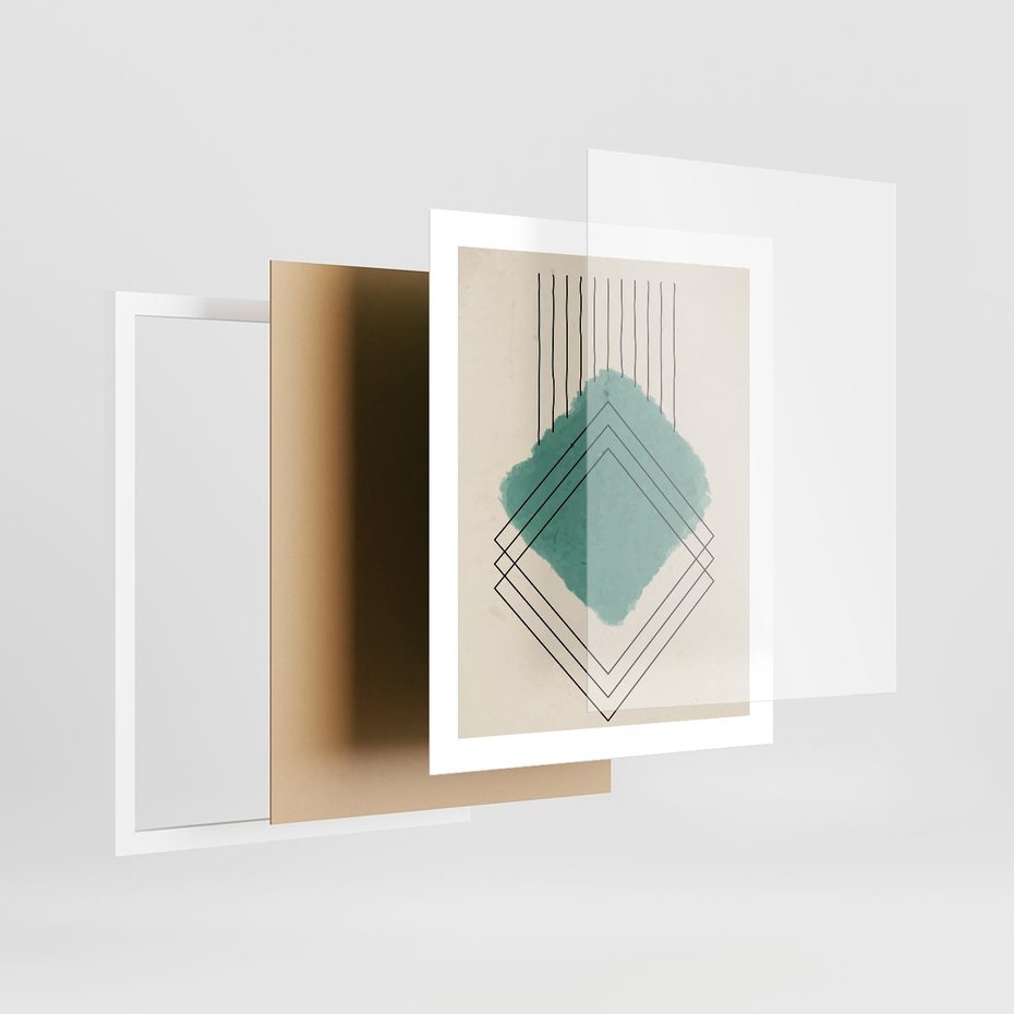 Plakat w ramie 40x50 - Impresje Przestrzeni - akwarelowa plama, geometryczne szkicowane kształty - rama biała