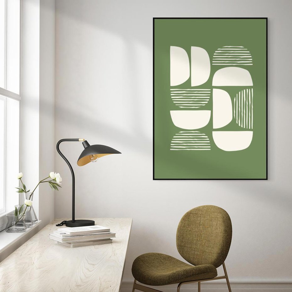 Obraz w ramie 70x100 - Migotliwe Formy - geometryczne boho kształty na brązowym, oliwkowym tle - rama czarna