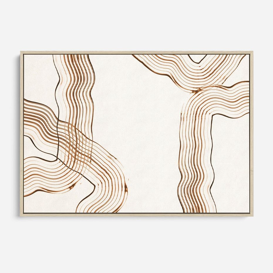 Obraz w ramie 70x50 - Ścieżki pędzla i myśli - minimalistyczna kompozycja, abstrakcyjne brązowe linie na białym tle - rama drewno