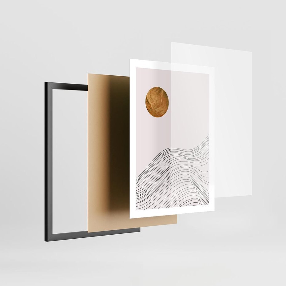 Plakat w ramie 50x70 - Minimalistyczne Słońce: Blask i Złoto - grafika, minimalizm - rama czarna