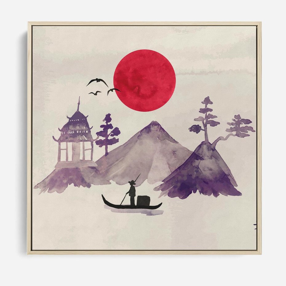 Obraz w ramie 80x80 - Odbicie Słońca - japońska sztuka, akwarela - rama drewno