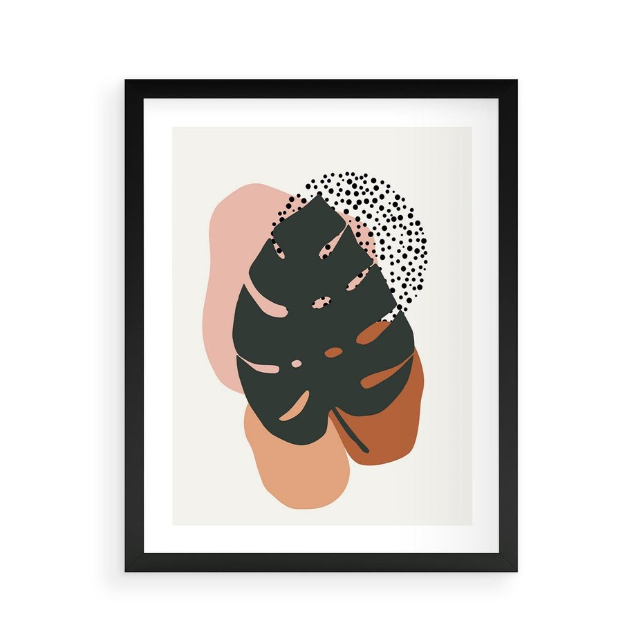 Plakat w ramie 40x50 - Minimalizm w Liściach Monstery: Plamy i Kropki - minimalizm, monstera plamy - rama czarna