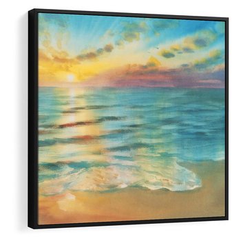 Obraz w ramie 50x50 - Objawienie Fioletowego Świtu - fioletowy wschód słońca, słońce wschodzi nad morzem - rama czarna