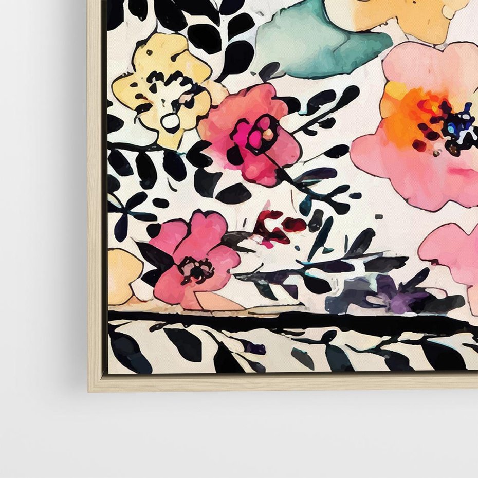 Obraz w ramie 50x50 - Opowieść w kroplach farb - akwarelowe kwiaty, mocna ornamentowa czarna ramka namalowana dookoła obrazu - rama drewno