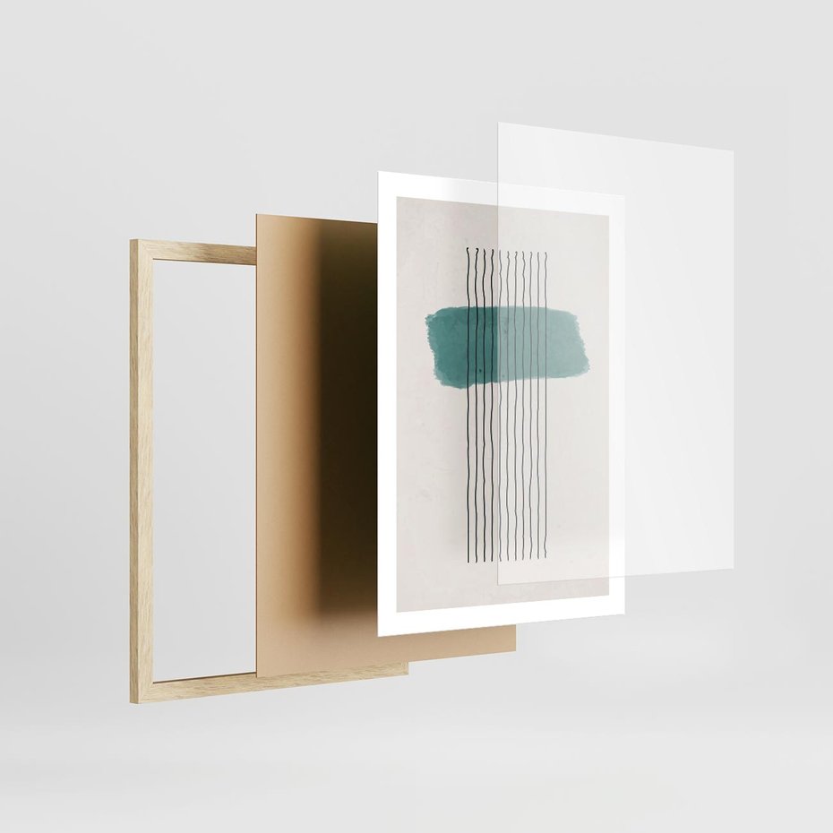 Plakat w ramie 50x70 - Bezczasowe Wspomnienia - abstrakcyjna akwarelowa plama, nieregularne kreski - rama drewno