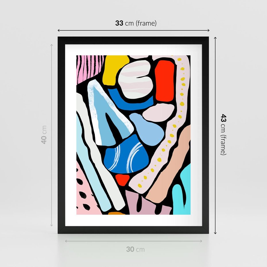 Plakat w ramie 30x40 - Kolory Na Czerni - abstrakcyjne formy, komiksowy styl - rama czarna