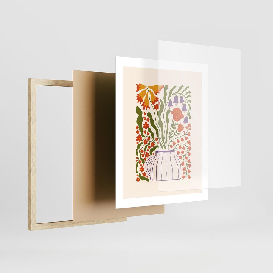 Plakat w ramie 40x50 - Świeżość Kwiatów - kwiaty w wazonie, minimalistyczna kompozycja - rama drewno
