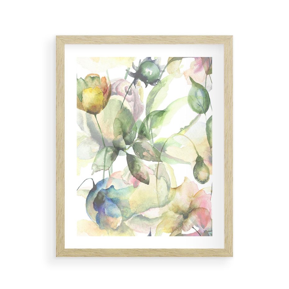 Plakat w ramie 40x50 - Delikatne Kolory - akwarelowe, kwiaty - rama drewno