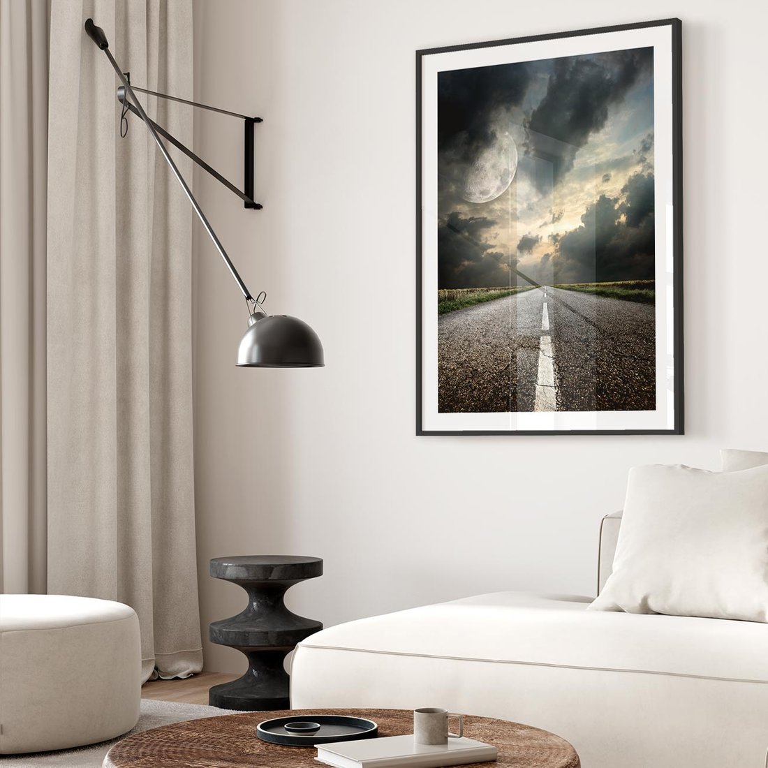 Plakat w ramie 40x50 - magia nocnej drogi - droga, księżyc - rama czarna