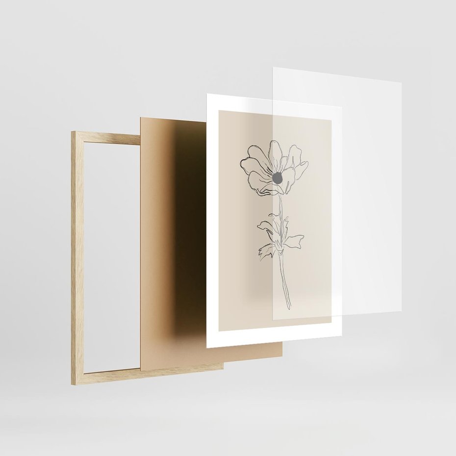 Plakat w ramie 30x40 - Przenikający Dialog - szkic kwiatu, mnimalistyczny szkic - rama drewno