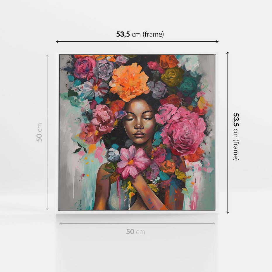 Obraz w ramie 50x50 - Z Głową w Kwiatach - obraz olejny, sztuka nowoczesna - rama biała