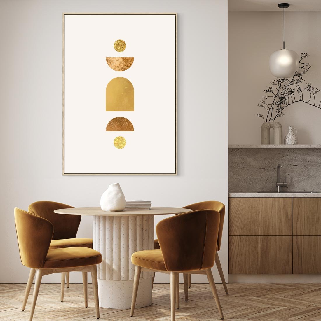 Obraz w ramie 80x120 - Abstrakcyjne Wzory - geometryczne złote kształty, tekstura - rama drewno