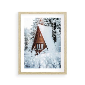 Plakat w ramie 40x50 - Zimowe Ustronie w Lesie - domek w lesie, zimowy las - rama drewno