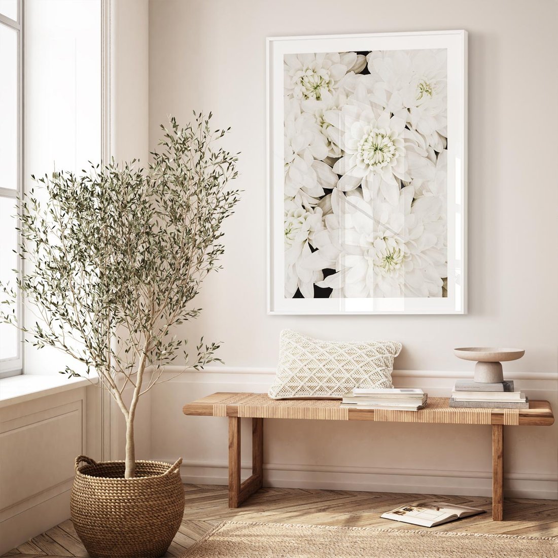 Plakat bez ramy 50x70 - Białe Kwiaty: Płatki Delikatności - białe kwiaty, zbliżenie