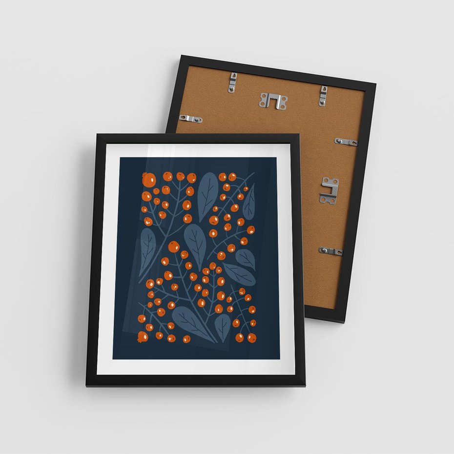 Plakat w ramie 40x50 - Symfonia liści i owoców - granatowe tło, pomarańczowe owoce jarzębiny - rama czarna