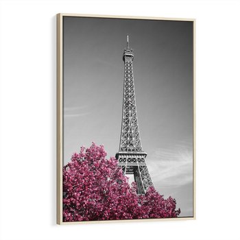 Obraz w ramie 80x120 - Różowy Paryż - czarno białe zdjęcie, wieża eiffla - rama drewno