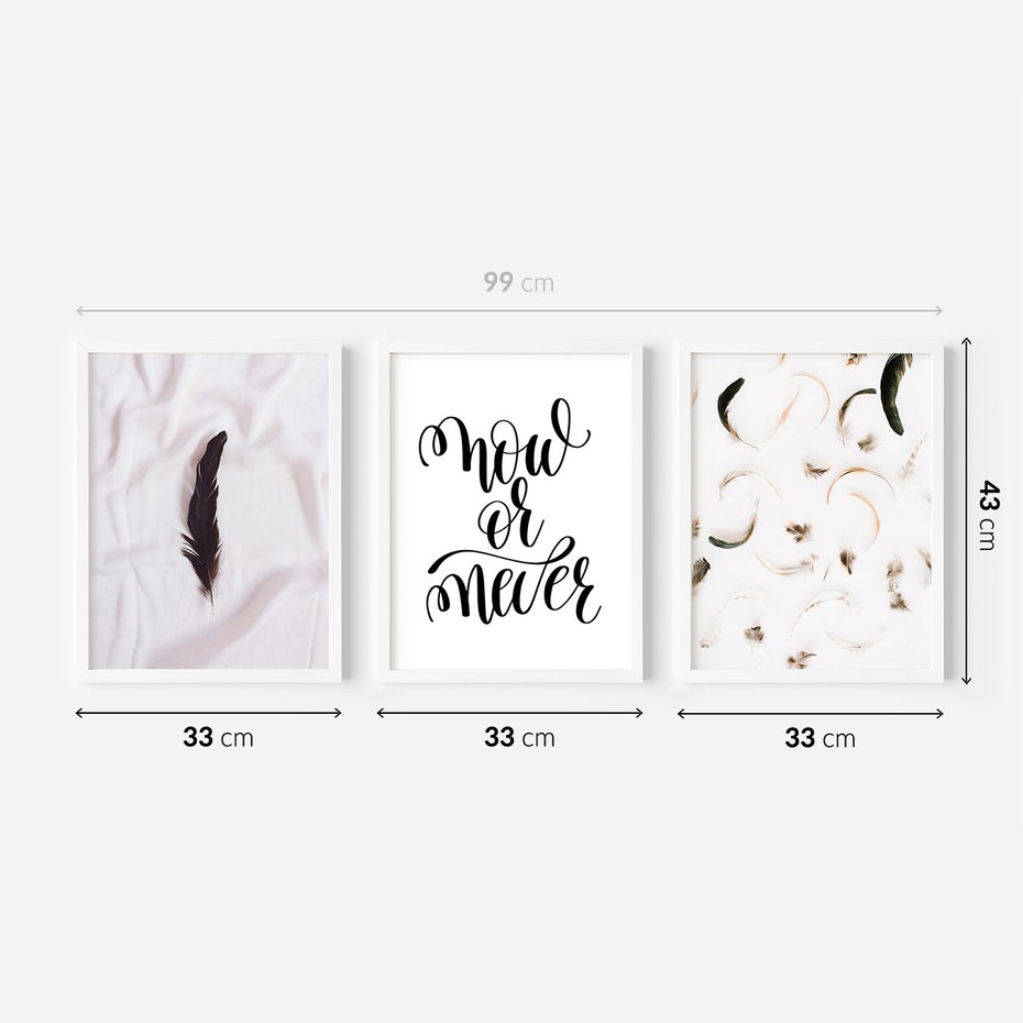 Zestaw obrazy w ramie 30x40 galeria - Cytat, motywacyjny, pióra, boho - rama biała