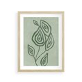 Plakat w ramie 30x40 - Szmaragdowy Oddech - abstrakcyjne delikatne zielone linie, podobne do gałęzi kwiatów - rama drewno