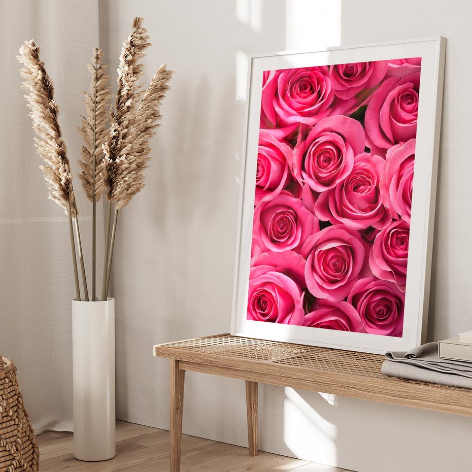 Plakat w ramie 30x40 - Romantyczne róże w pełnym rozkwicie - róże, kwiaty - rama biała