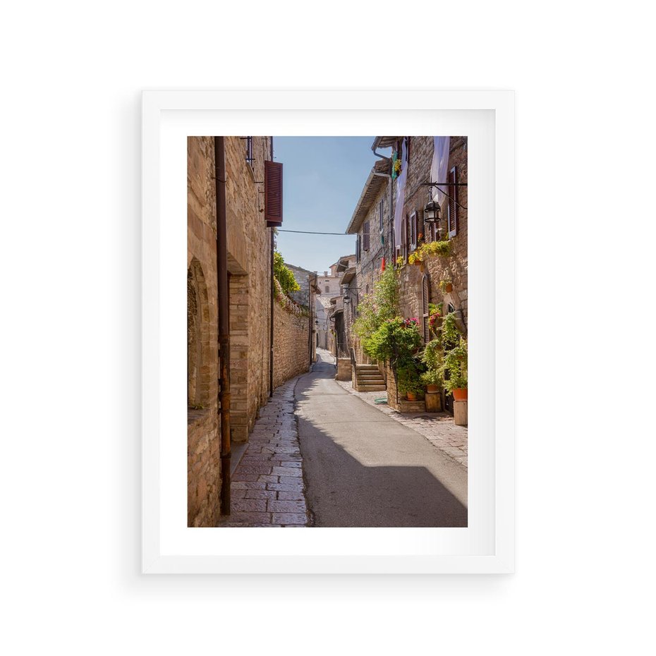 Plakat w ramie 30x40 - Uliczka Wakacyjnego Miasteczka - uliczka, wakacje - rama biała