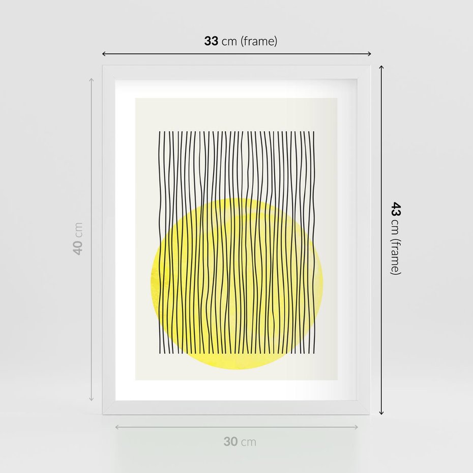 Plakat w ramie 30x40 - Ciepłe Przenikanie - geometria, żółte koło - rama biała