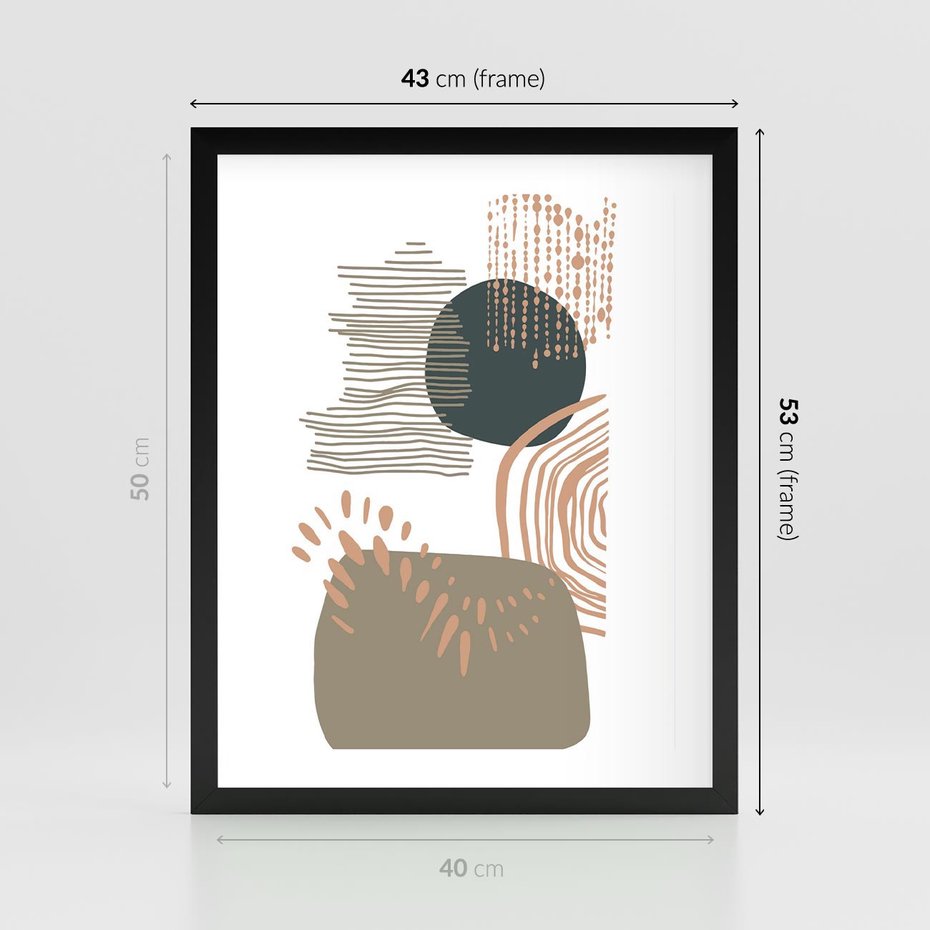 Plakat w ramie 40x50 - Taniec Plam - abstrakcyjna kompozycja z kropek kresek i kółek, odcienie brązu i beżu - rama czarna