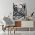 Obraz w ramie 80x120 - Mroczna Ścieżka Tropików - czarno biała fotografia, ścieżka pośród palm - rama drewno