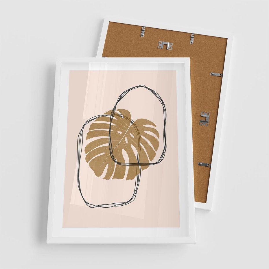 Plakat w ramie 50x70 - Liście w Beżowym Minimalizmie - minimalistyczny obraz, liście monstery - rama biała