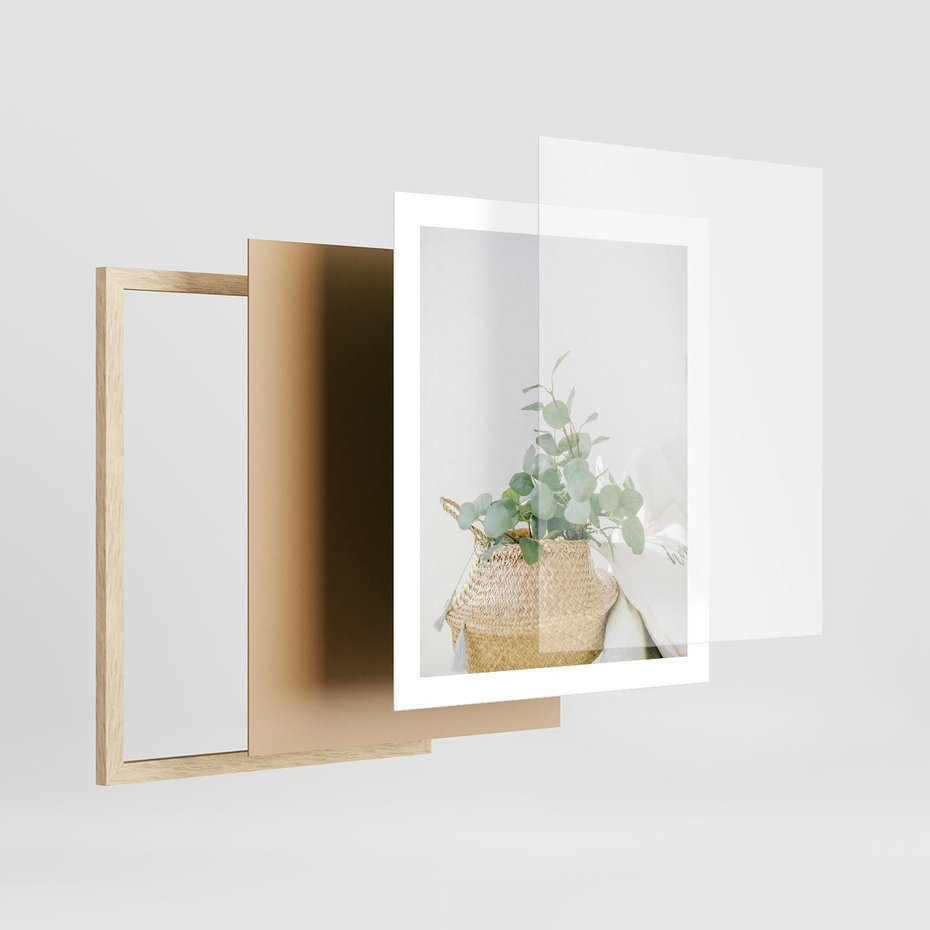 Plakat w ramie 40x50 - Eukaliptusowa Świeżość - eukaliptus, liście w koszu z wikliny - rama drewno