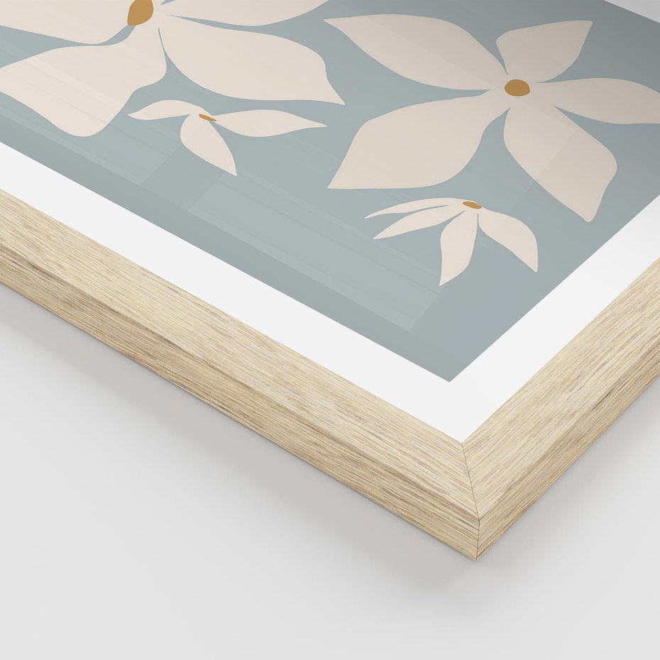 Plakat w ramie 50x70 - Błękit Kwiatów - kwiaty, nowoczesne i minimalistyczne - rama drewno