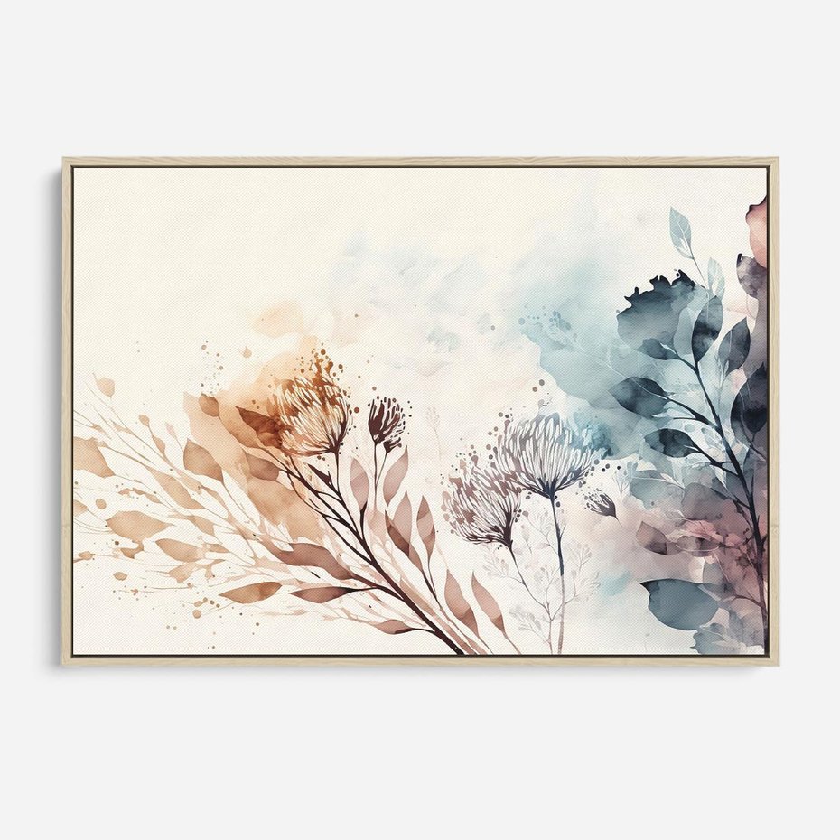 Obraz w ramie 120x80 - Nostalgiczne tańce pędzla - akwarelowe kwiaty, gałęzie - rama drewno