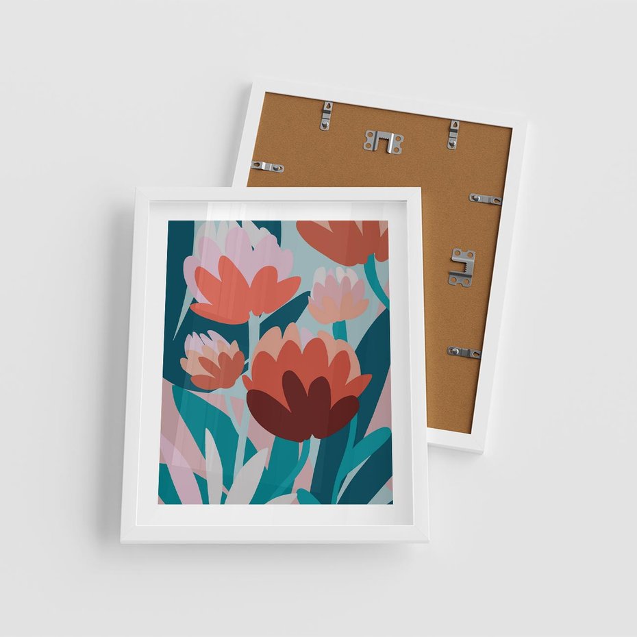 Plakat w ramie 40x50 - Symfonia Kwiatów - abstrakcyjna kompozycja kwiatowych form, kolor zgaszone - rama biała