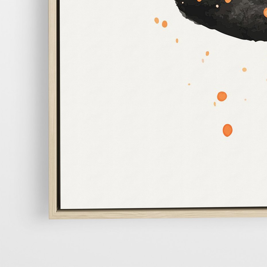 Obraz w ramie 50x70 - Impulsy Kreatywności - abstrakcyjna czarna plama, rozsiane pomarańczowe kropki - rama drewno