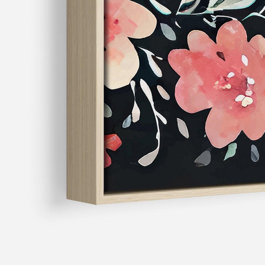 Obraz w ramie 70x100 - Labirynty melancholii - akwarelowe, pastelowe kwiaty na czarnym tle - rama drewno