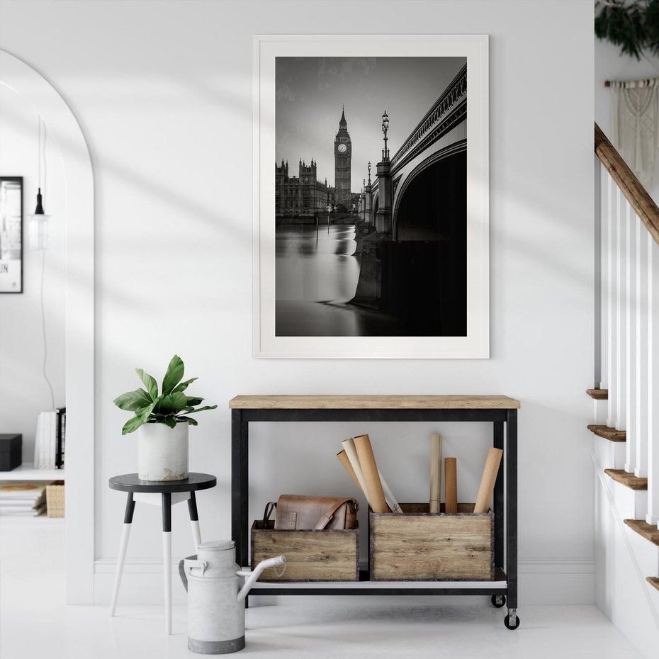 Plakat w ramie 40x50 - Majestatyczny Big Ben w Londynie - Londyn, most - rama biała