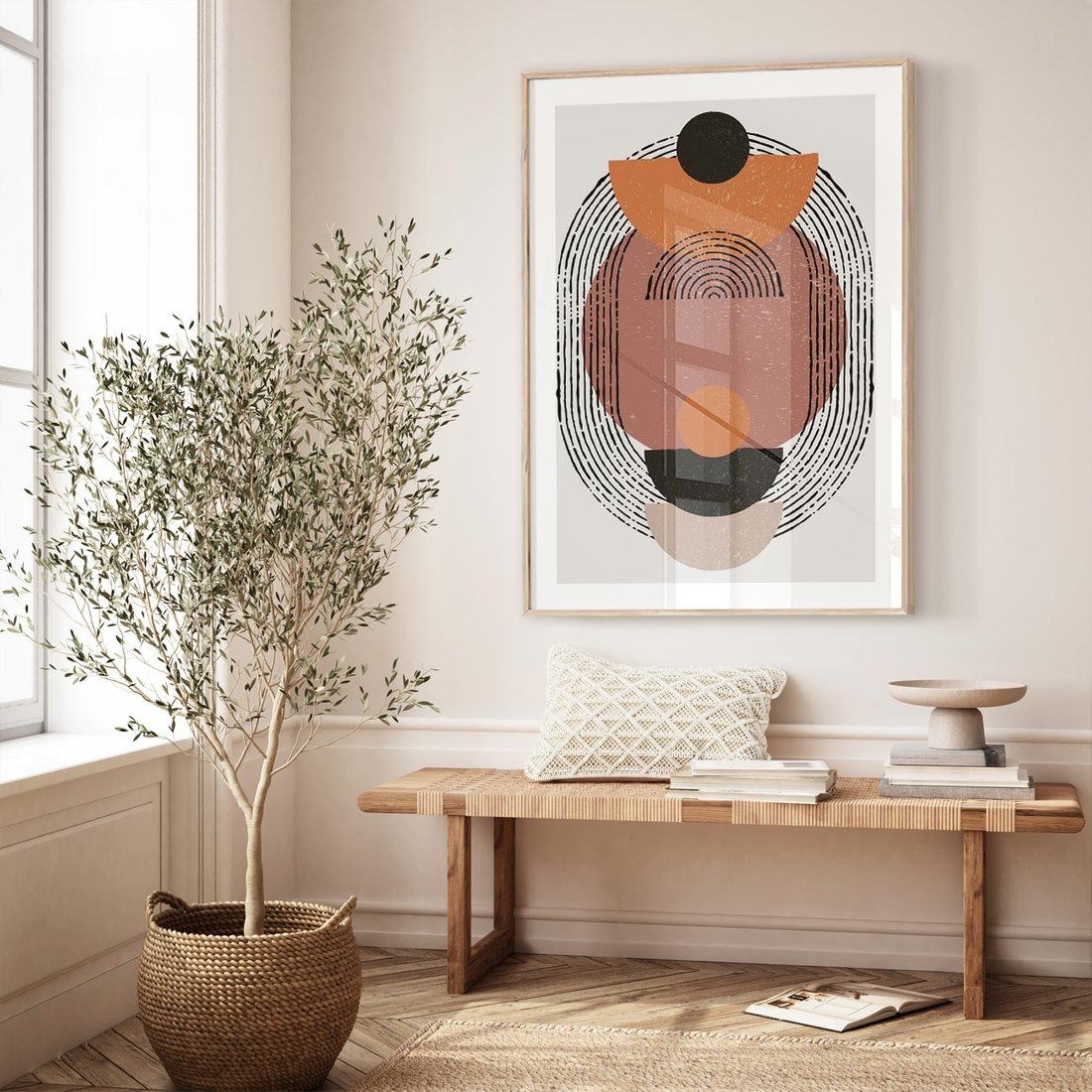 Plakat w ramie 30x40 - Abstrakcja w Odcieniach Brązu i Beżu - geometria, abstrakcyjna grafika - rama drewno