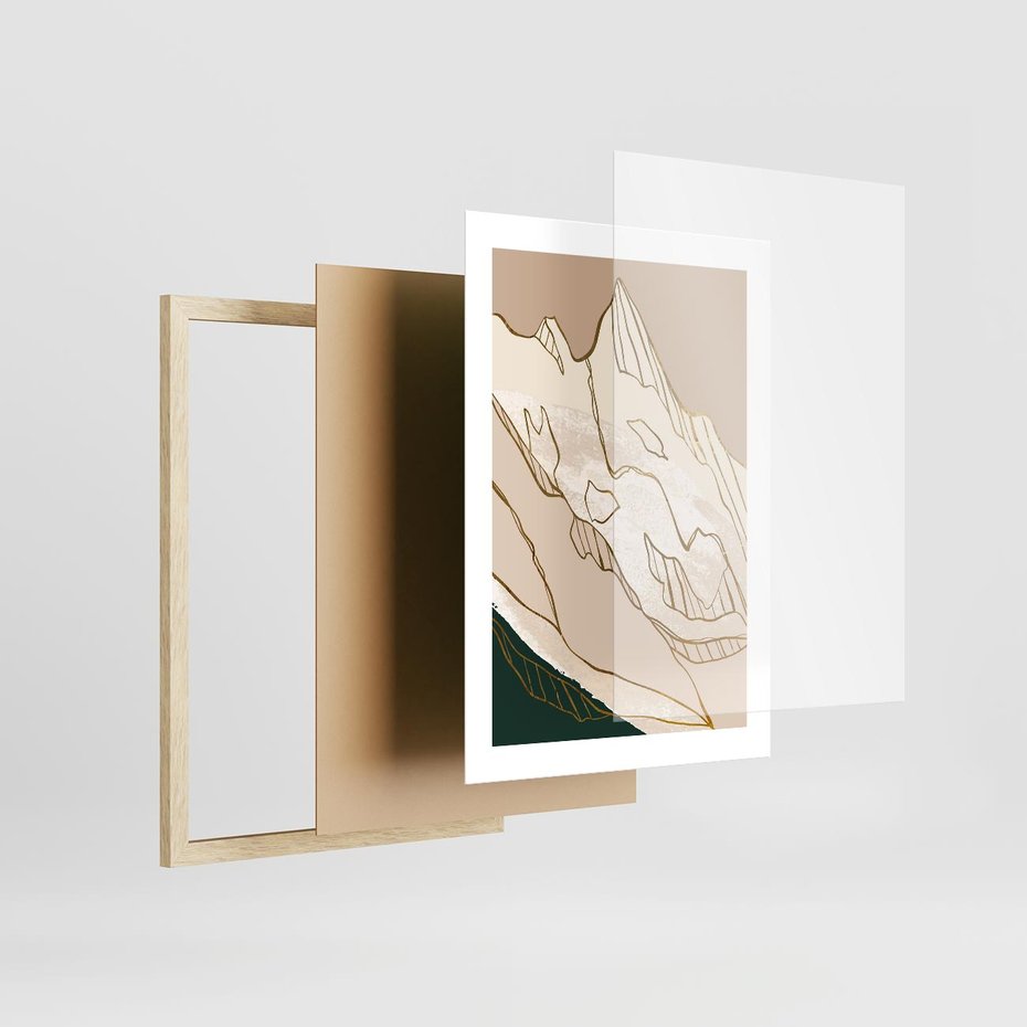 Plakat w ramie 30x40 - Góry w Złocie i Minimalizmie - grafika, złote góry - rama drewno