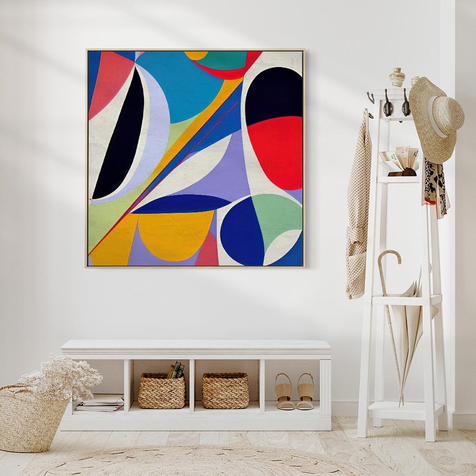 Obraz w ramie 80x80 - Kolorowe Przesunięcia Kształtów - abstrakcyjny obraz olejny, żywe kolory - rama drewno