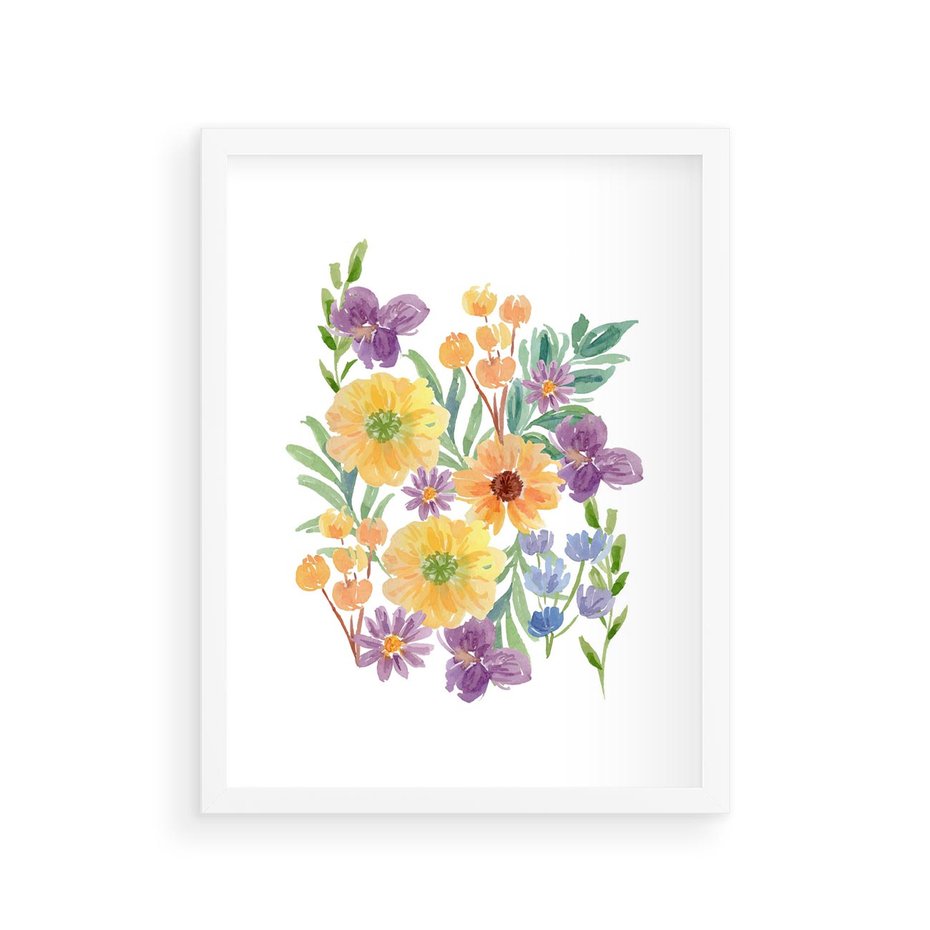 Plakat w ramie 30x40 - Kwiatowe Wibracje - akwarelowe polne kwiaty, minimalistyczny plakat - rama biała