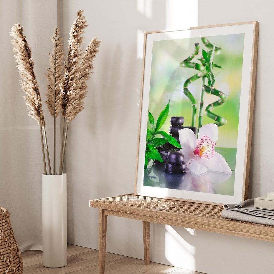 Plakat w ramie 40x50 - Spa pełne kwiatów i relaksu - spa, kwiat - rama drewno