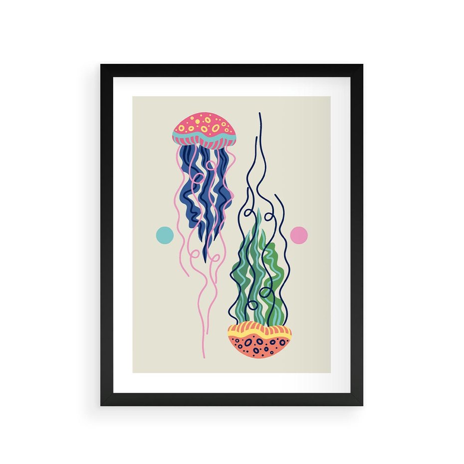 Plakat w ramie 30x40 - Morskie Pulsacje - nowoczesny optymistyczny plakat, kolorowe meduzy - rama czarna