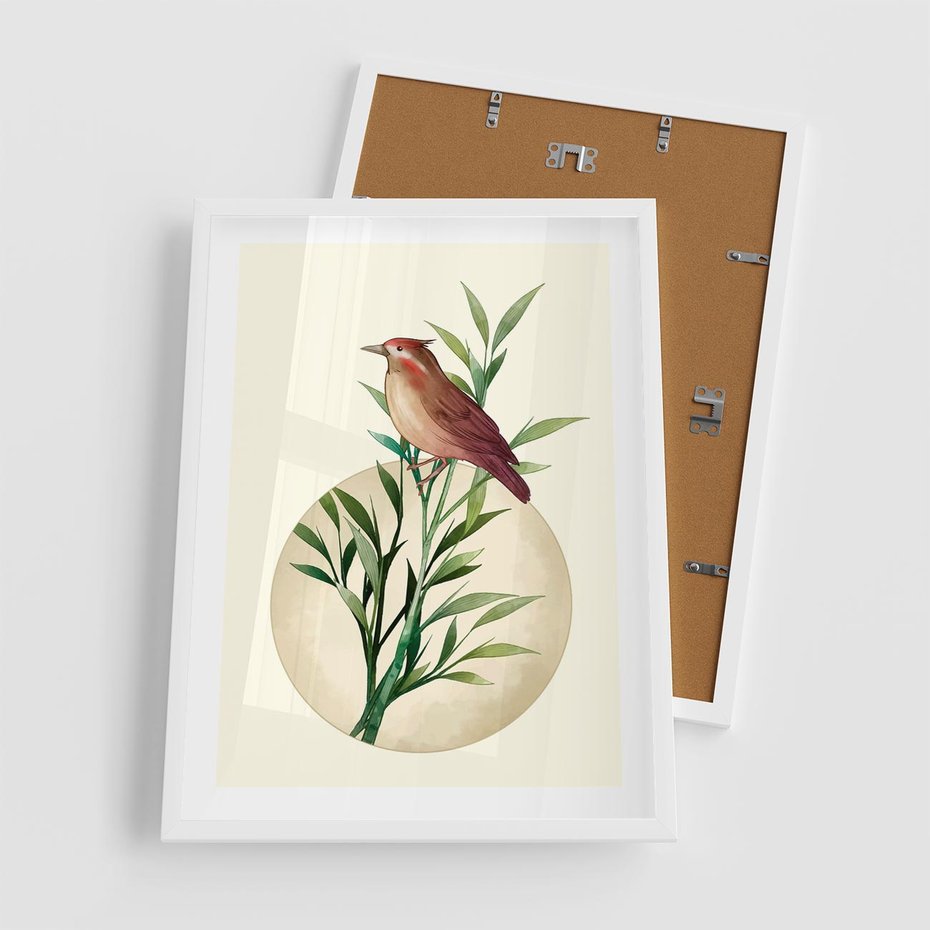 Plakat w ramie 50x70 - Rozkwitająca Delikatność - japońska sztuka, ptak - rama biała