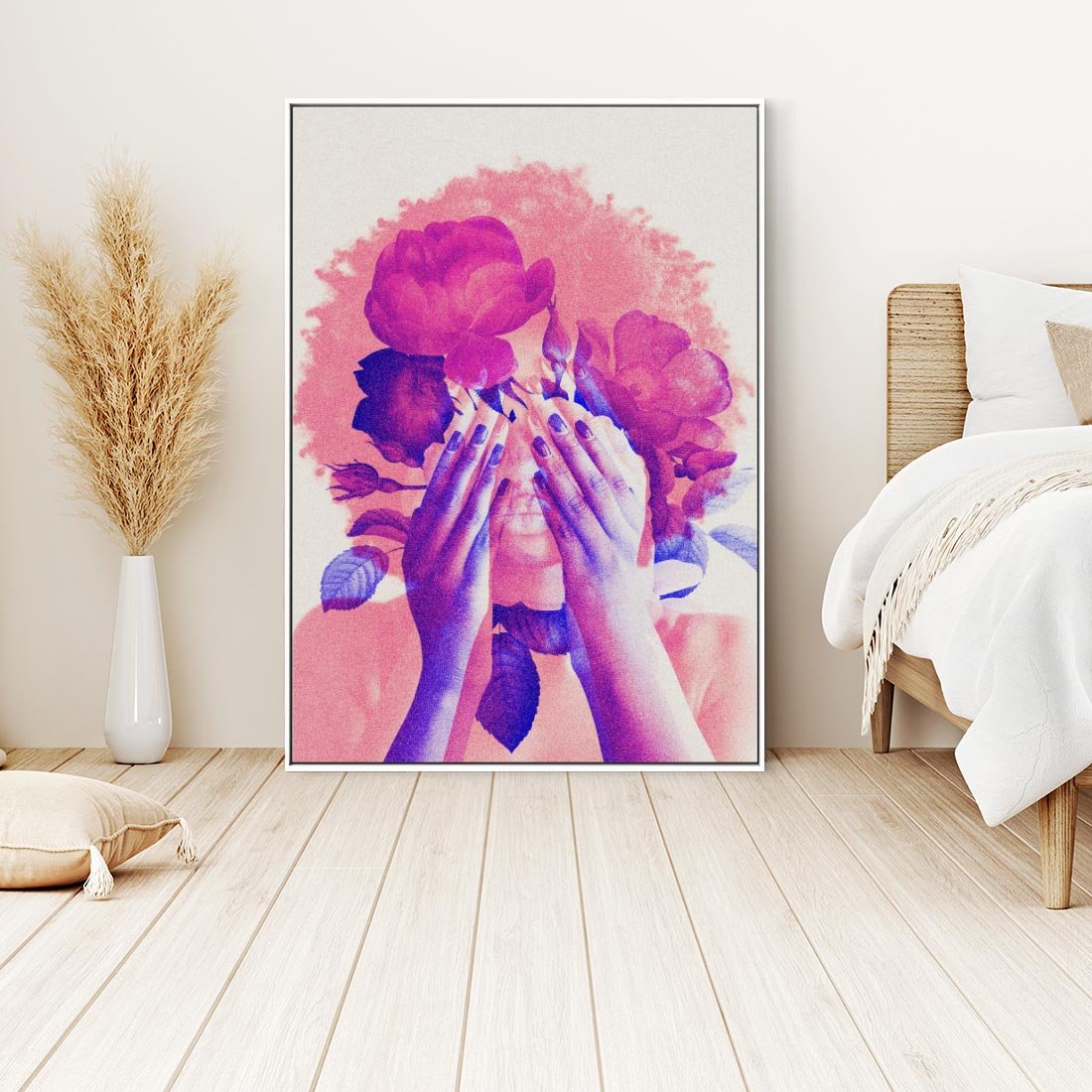 Obraz w ramie 50x70 - Kwiaty we Włosach - różowa postać, grafika - rama biała
