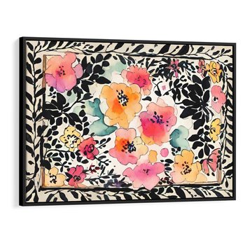 Obraz w ramie 100x70 - Opowieść w kroplach farb - akwarelowe kwiaty, mocna ornamentowa czarna ramka namalowana dookoła obrazu - rama czarna