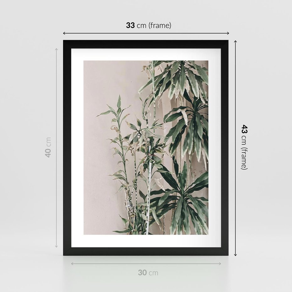 Plakat w ramie 30x40 - Egzotyczna Kompozycja - liście, rośliny tropikalne na tle ściany - rama czarna