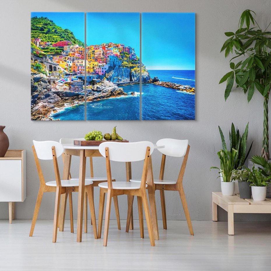 Obraz na płótnie 120x80 - Barwne Wybrzeże - nadmorskie miasto na klifie, kolorowe tęczowe budynki